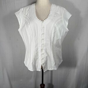 Soft Surroundings White Button-Down Blouse Embroidered Cotton Sleeveless Size XL